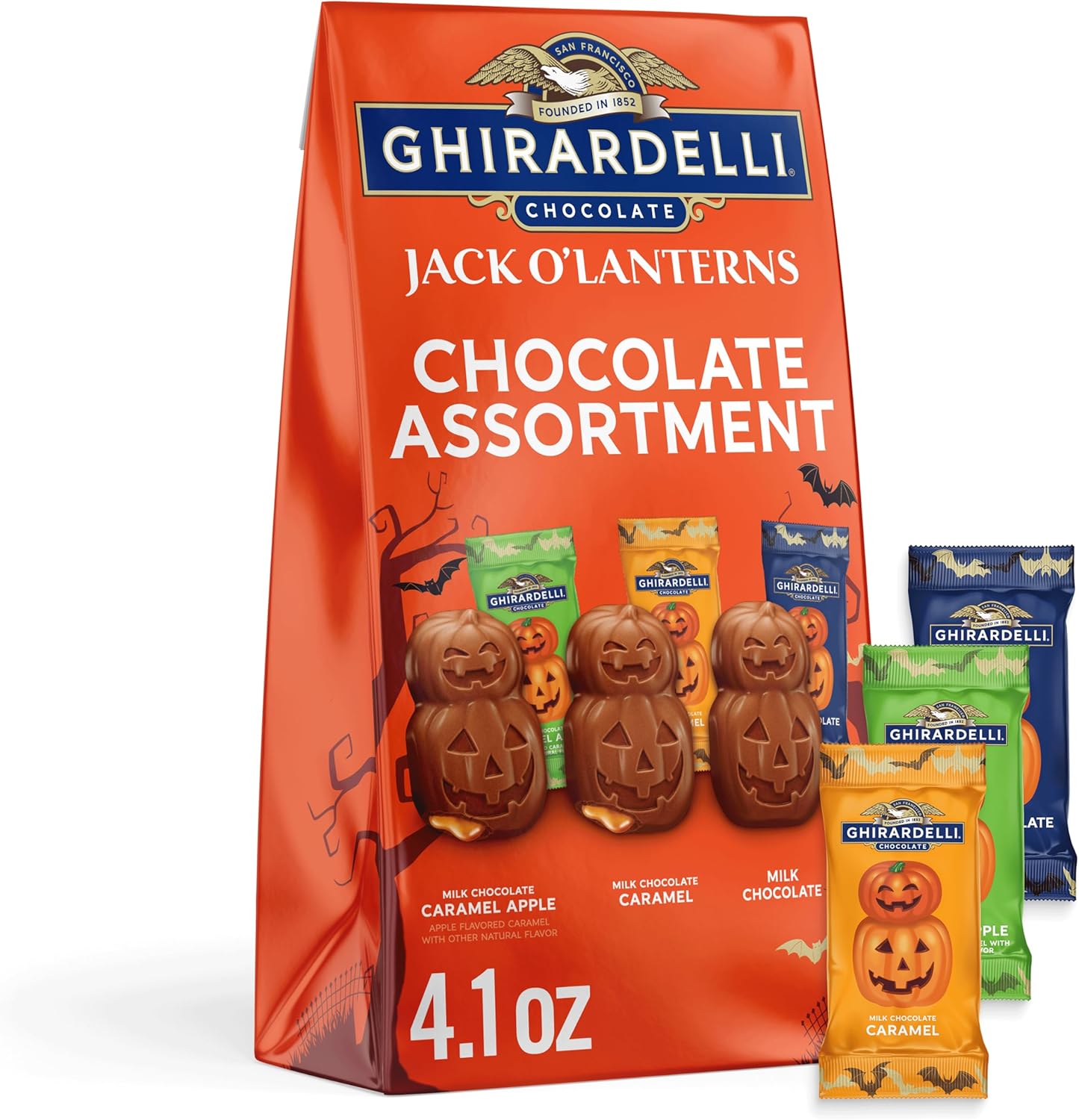 GHIRARDELLI Jack O’ Lanterns Chocolate Assortment, 4.1 oz Bag – Halloween Chocolate Variety Pack with Milk & Dark Chocolate Candy