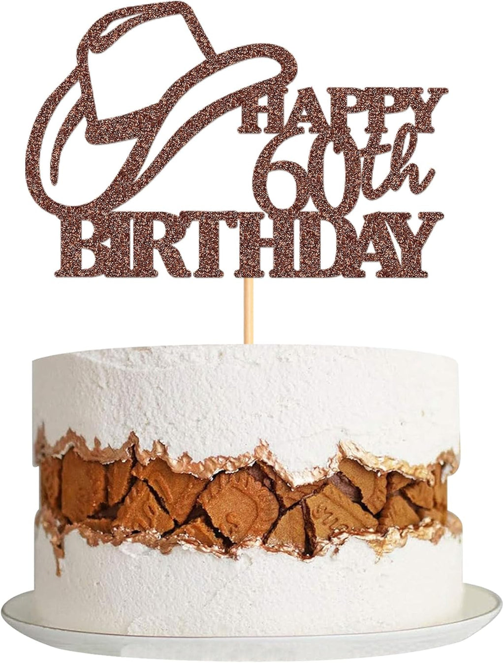 Ercadio 3 PCS Glitter Brown Happy 60th Birthday Cake Topper Men's Hat Cake Topper Older Wishers Man Boss Birthday Anniversary Party Cake Decorations Supplies