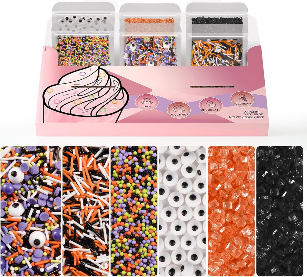 HUEBEATY® 6-in-1 Halloween Spooky Sprinkles Edible – 180g Eyeball Candy, Nonpareils, Jimmies, Black and Orange Sugar Sprinkles for Cupcakes, Cookies, Cakes Baking and Decorating – Halloween Edible Topper Decorations