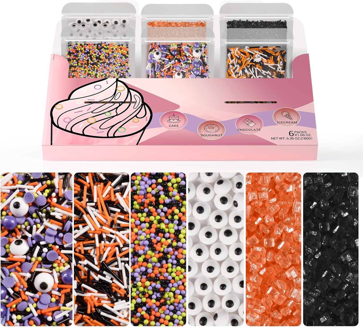 HUEBEATY® 6-in-1 Halloween Spooky Sprinkles Edible – 180g Eyeball Candy, Nonpareils, Jimmies, Black and Orange Sugar Sprinkles for Cupcakes, Cookies, Cakes Baking and Decorating – Halloween Edible Topper Decorations