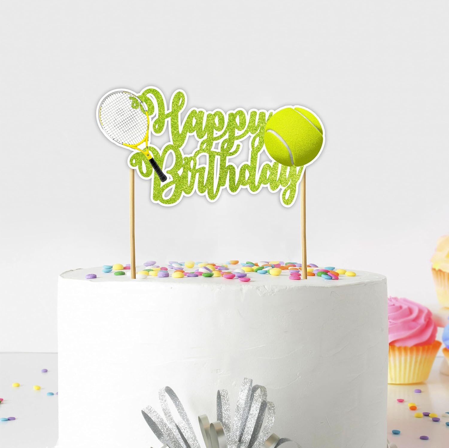 "Tennis Happy Birthday Cake Topper – Sports Theme Party Supplies – Fun and Unique Tennis Racket and Ball Cake Decoration for Teens, and Adults – Perfect for Sports Lovers and Birthday Celebrations"