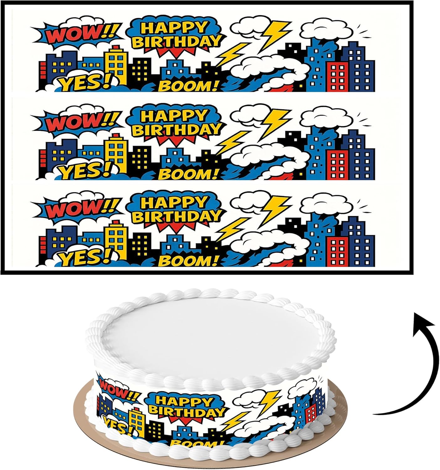 3 pcs Comic Cake Strips Edible birthday cake strips, cake side borders, Icing Sheets 2.7X11.8