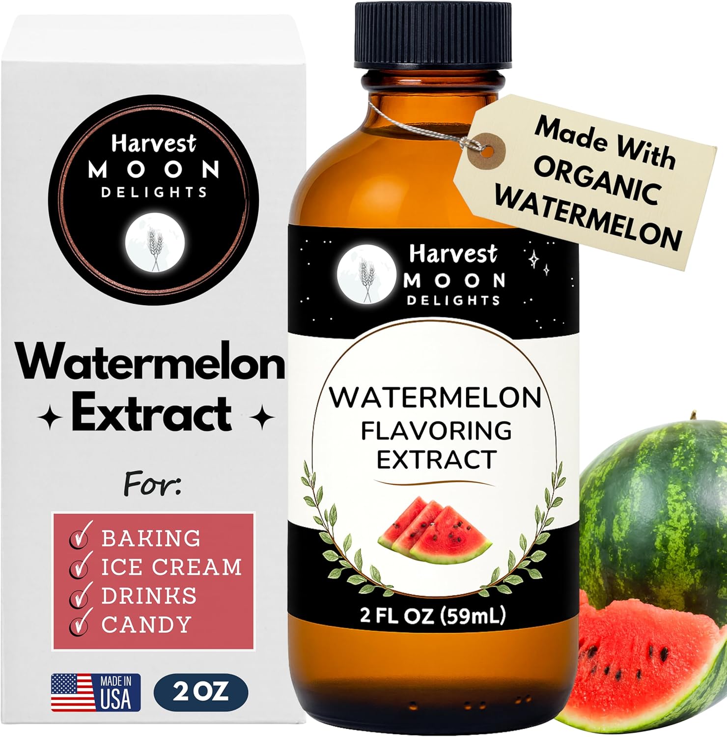 Natural Watermelon Extract for Baking, Ice Cream, Drinks and Candy - 2 Oz - Harvest Moon Delights - Watermelon Flavoring, Flavor