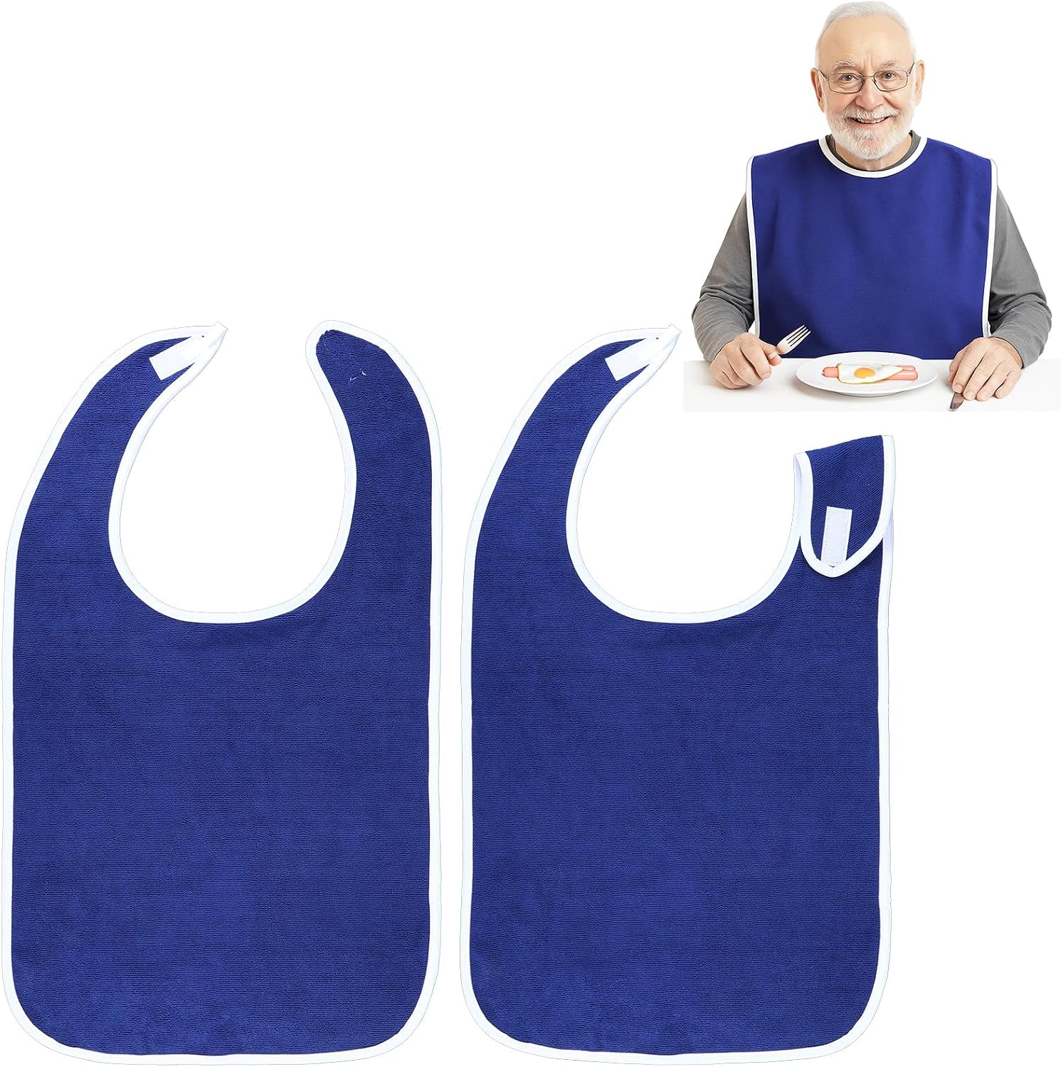 2 Pack Adult Bibs for Seniors, Cotton Bib Clothing Protectors for Adults, Washable Reusable Terry Cloth Waterproof Adult Bibs for Men Women