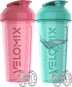 VELOMIX -2 Pack- 28 oz Protein Shaker Bottles for Protein Mixes - 2x Wire Whisk | Leak Proof Shaker Cups for Protein Shakes | Protein Shaker Bottle Pack (Pink/Turquise)