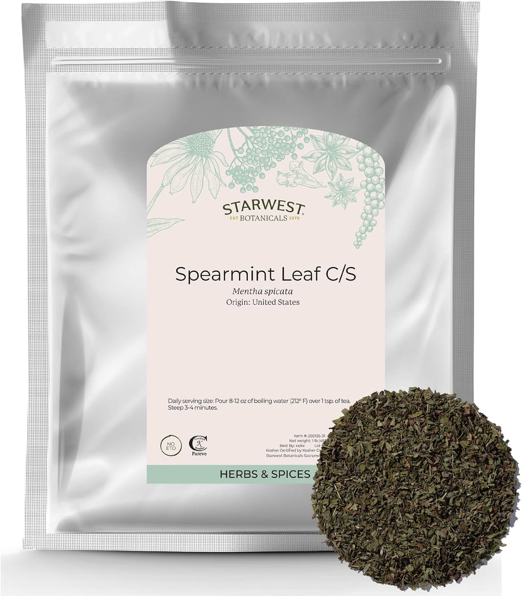 Starwest Botanicals Spearmint Leaves - Loose Leaf Herb for Tea, Dried Spearmint Leaf for Herbal Blends, Cut & Sifted, Certified Kosher - Bulk 1 lb Bag