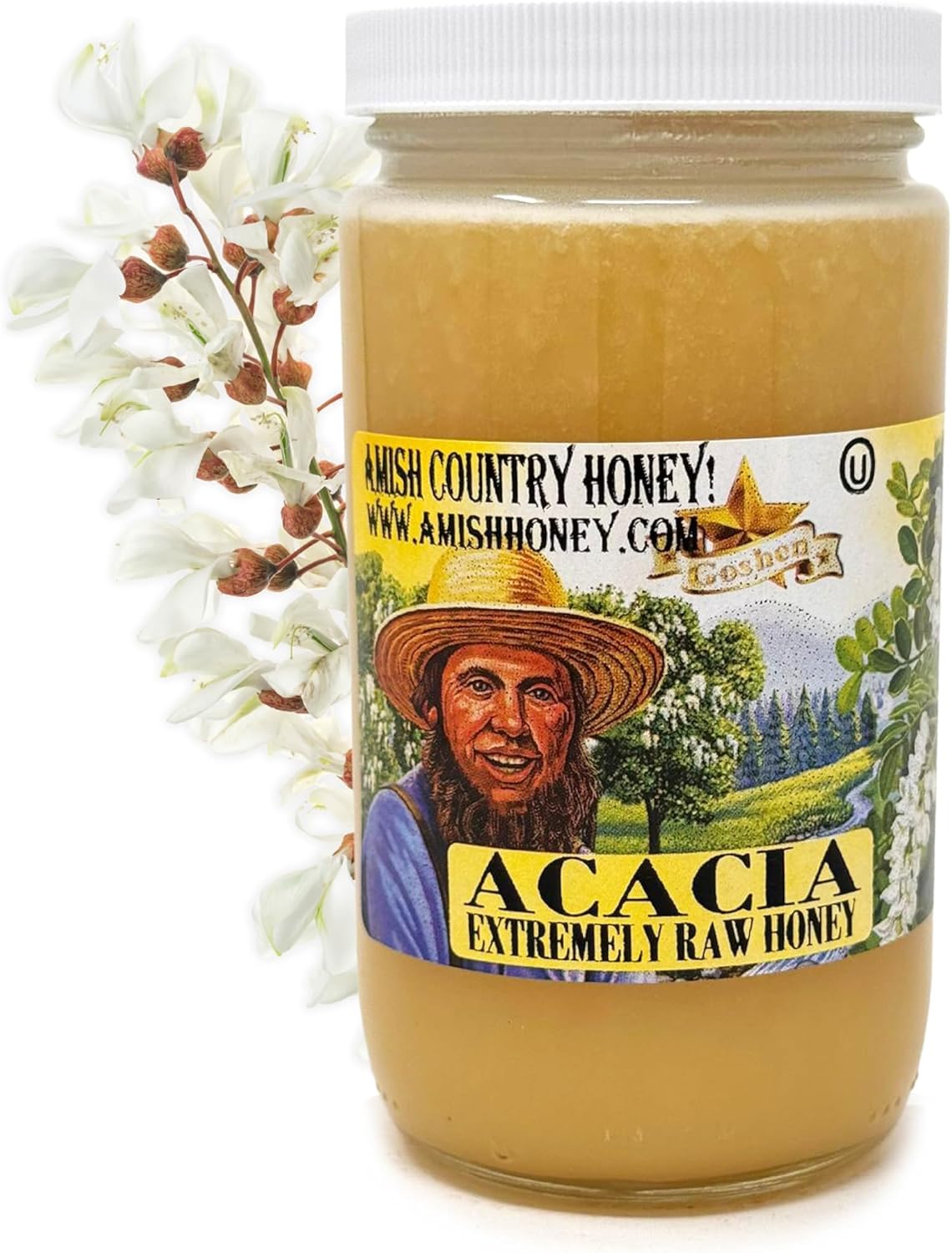 Goshen Amish Country Extremely Raw Acacia Honey - Unfiltered, Unprocessed, Pure & Natural - Harvested in the USA - Rich Flavor for Tea, Cooking, Wellbeing - Kosher Certified - 16oz Glass Jar