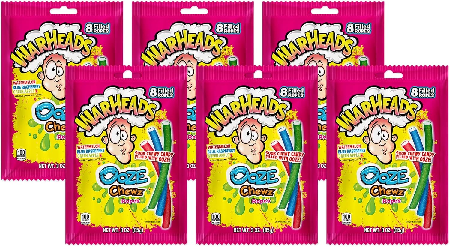 WARHEADS Ooze Chewz Ropes - Chewy Candy Ropes with Sour Filling - Watermelon, Blue Raspberry & Green Apple Flavors - 3 oz. Bags - 6 Pack