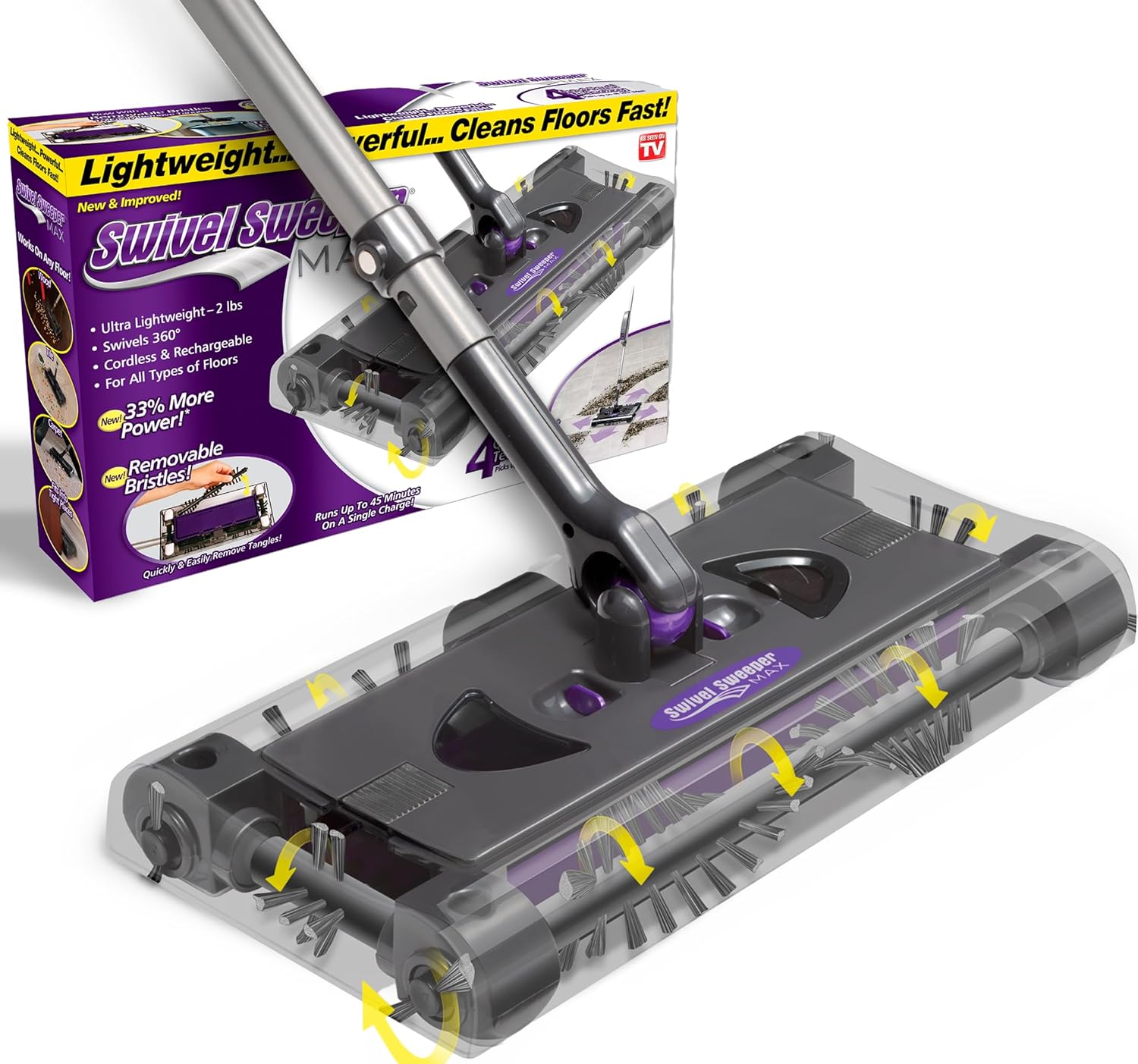 Swivel Sweeper Max - Cordless Electric Floor and Carpet Sweeper with Rotating Brush for Efficient Cleaning, Quad Brush Technology- Purple