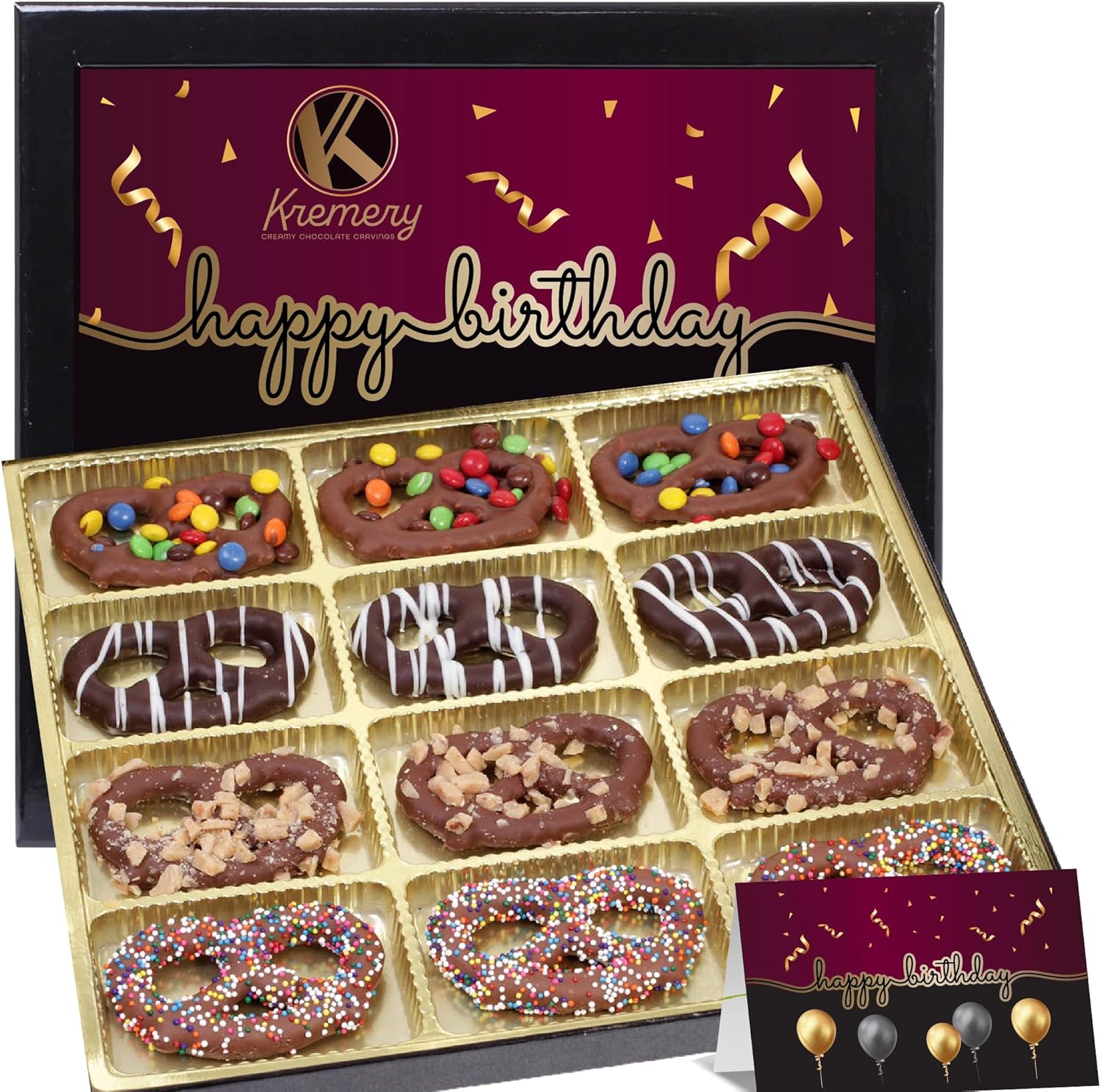 KREMERY Creamy Chocolate Cravings - Birthday Treats Chocolate Covered Pretzel Twists Gift Basket with Candied Toppings (12 Pretzels) Sweets Treats in Sectional Gift Box + Greeting Card, Kosher