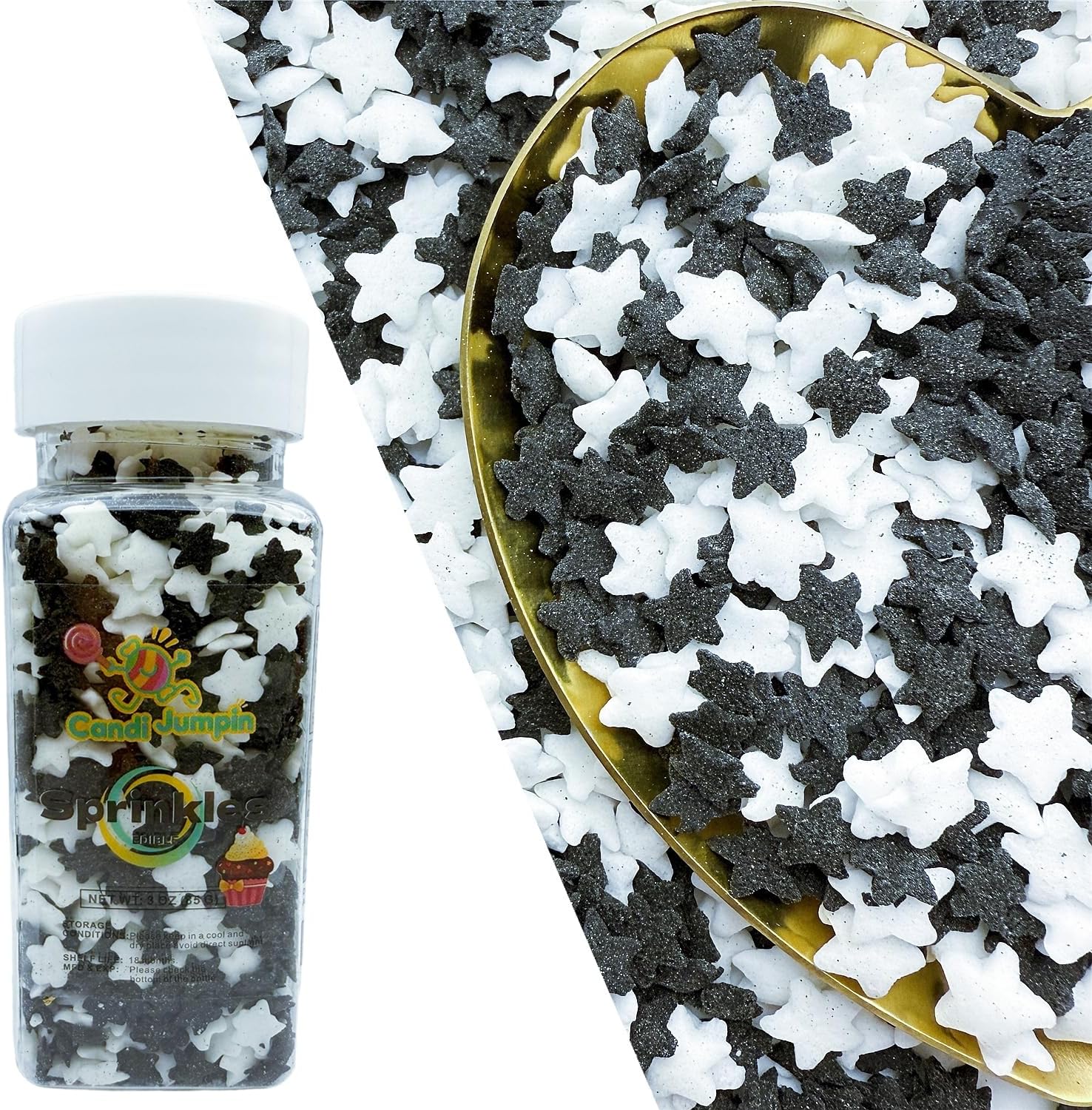 CandiJumpin Edible Confetti Stars for Cake Decorating, Black and White Star Sprinkles Star Confetti Sprinkles Edible Stars Black and White Baby Shower Party Birthday Wedding Christmas Supplies 3 OZ