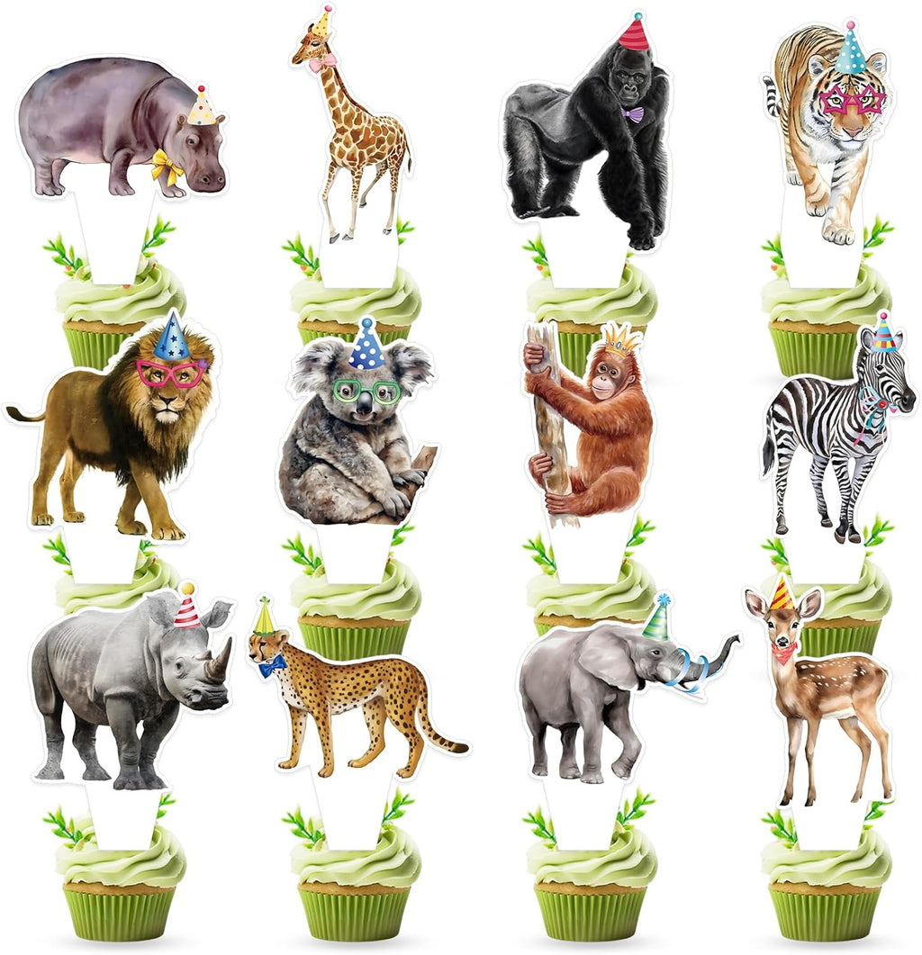 24 PCS Safari Happy Birthday Cupcake Toppers Jungle Theme Party Decorations Baby Shower Cake Decor Cupcake Decorations Cake Decorating Party Supplies Decor for Boys Girls Baby Shower