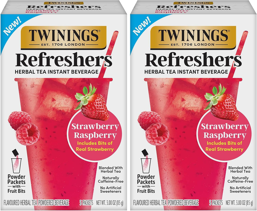 NEW Twinings Strawberry Raspberry Refreshers, Herbal Tea Instant Beverage with Real Strawberry Fruit Bits, 5 Count (Pack of 2), Café Style, No Artificial Sweeteners, Naturally Caffeine-Free, 5 Packets
