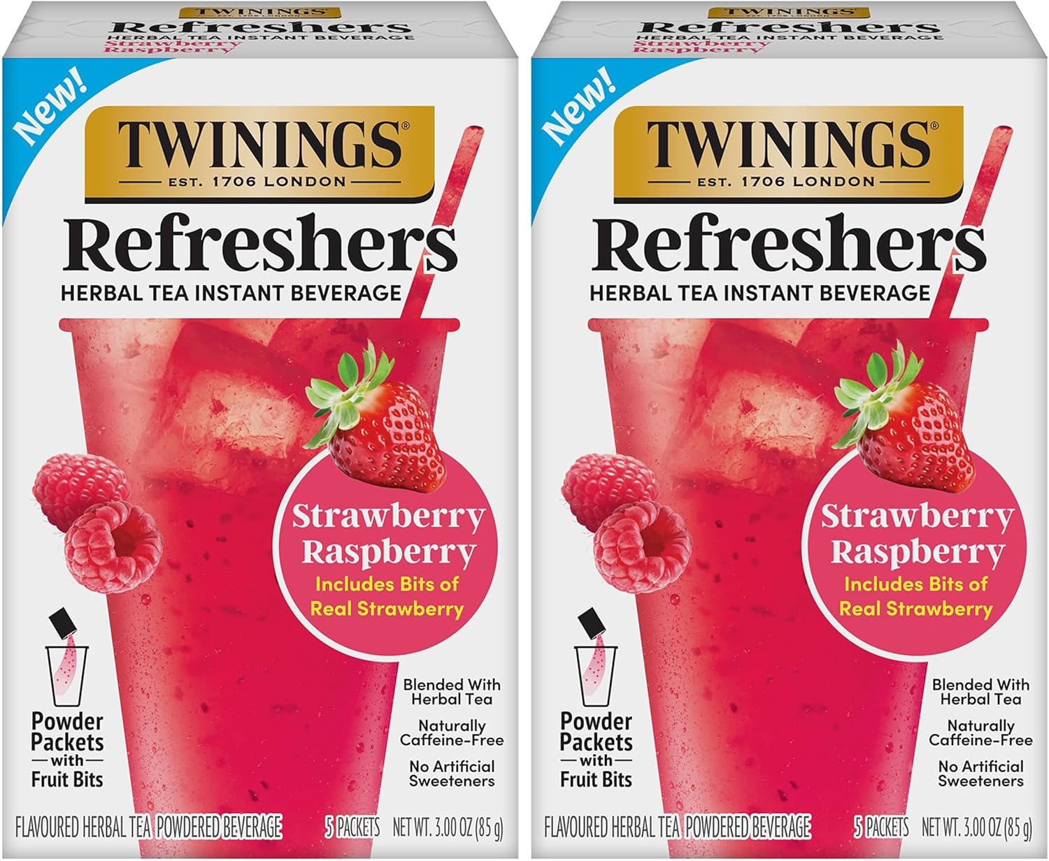 NEW Twinings Strawberry Raspberry Refreshers, Herbal Tea Instant Beverage with Real Strawberry Fruit Bits, 5 Count (Pack of 2), Café Style, No Artificial Sweeteners, Naturally Caffeine-Free, 5 Packets