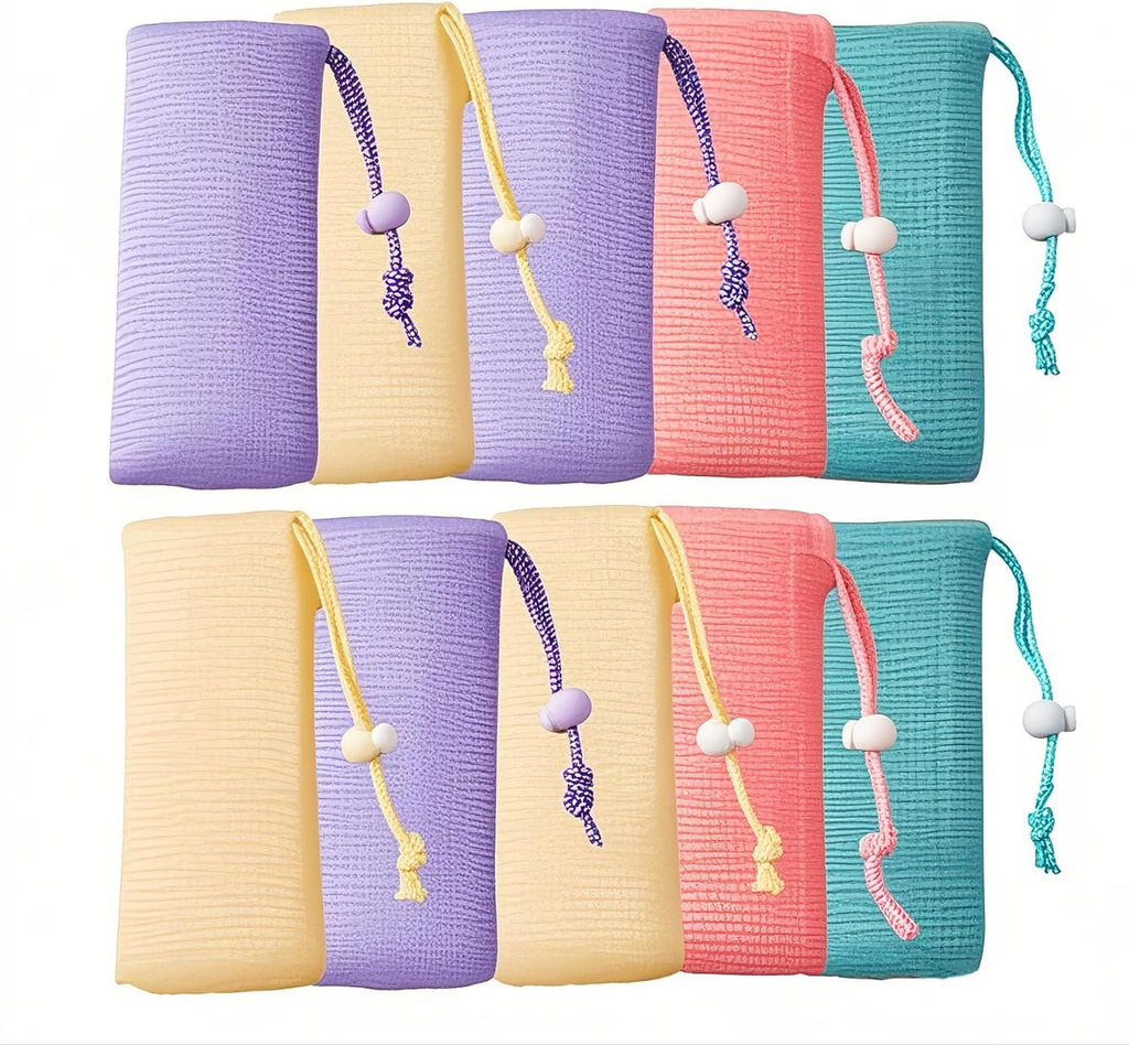 10Packs Exfoliating Mesh Soap Bag Mesh Saver Pouch Bubble Foaming Nets Pocket Drawstring Foaming Net Soap Bag for Shower Body Facial Cleaning Tool Random Color