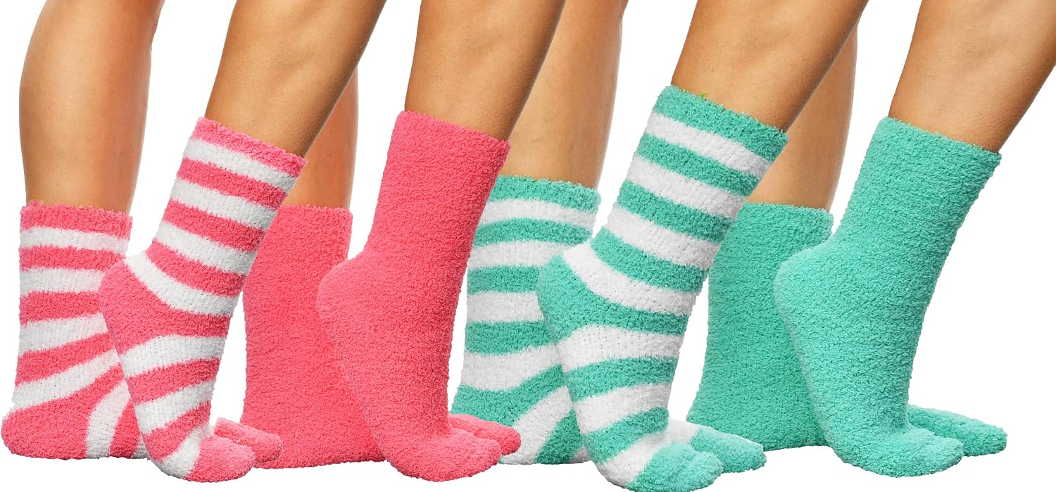 ARAD Premium Soft Warm Microfiber Fuzzy Socks-Multi Color- 4 Pairs - Striped Aqua, Striped Pink, Solid Aqua and Solid Pink