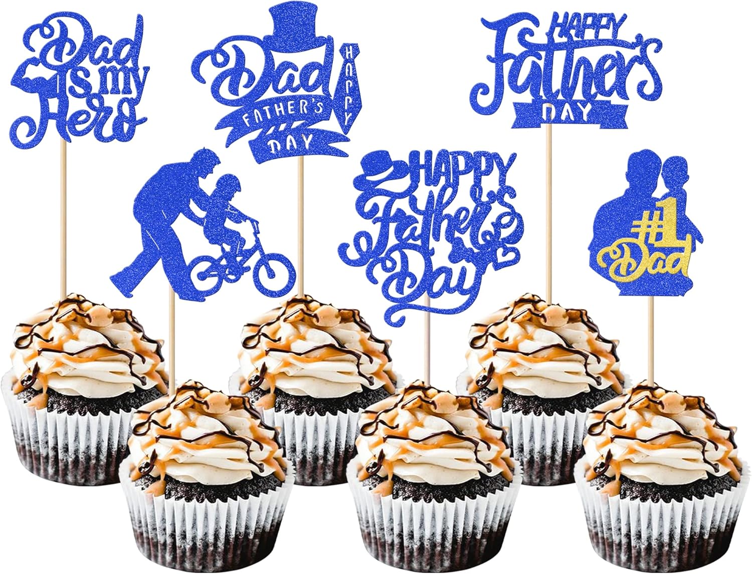 Rsstarxi 24 Pack Happy Father's Day Cupcake Toppers Glitter No.1 Dad My Hero Dad Cupcake Picks Love Dad Best Dad Cake Decorations for Happy Father's Day Birthday Party Cake Decorations Supplies Blue