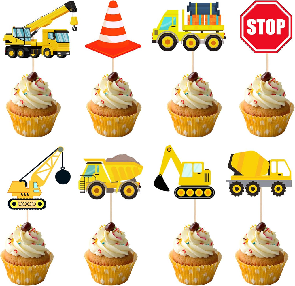 24 PCS Construction Cupcake Toppers Stop Sign Dump Truck Excavator Tractor Party Cake Food Picks Decorations for Construction Theme Baby Shower Kids Birthday Party Supplies