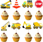 24 PCS Construction Cupcake Toppers Stop Sign Dump Truck Excavator Tractor Party Cake Food Picks Decorations for Construction Theme Baby Shower Kids Birthday Party Supplies