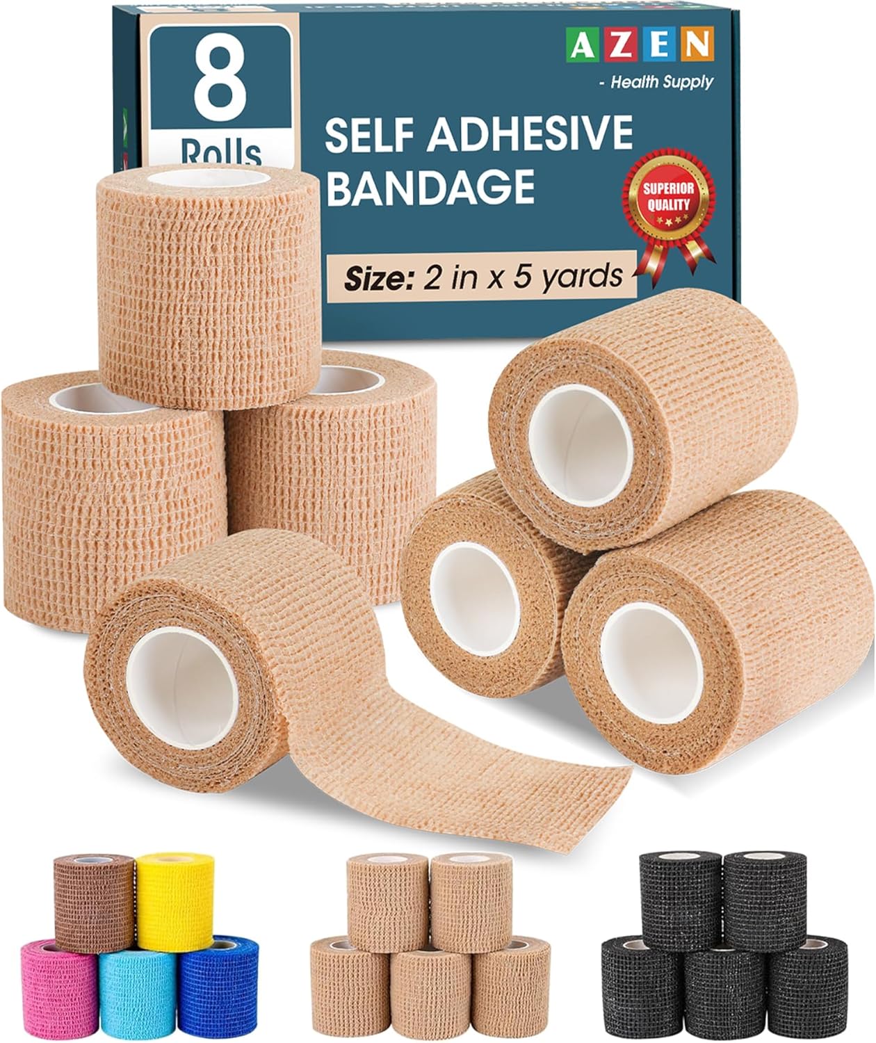 AZEN 8 Pack Self Adhesive Bandage Wrap, Elastic Cohesive Bandage Wrap, Skin Color Athletic Tape, Vet Wrap, Ankle Tape