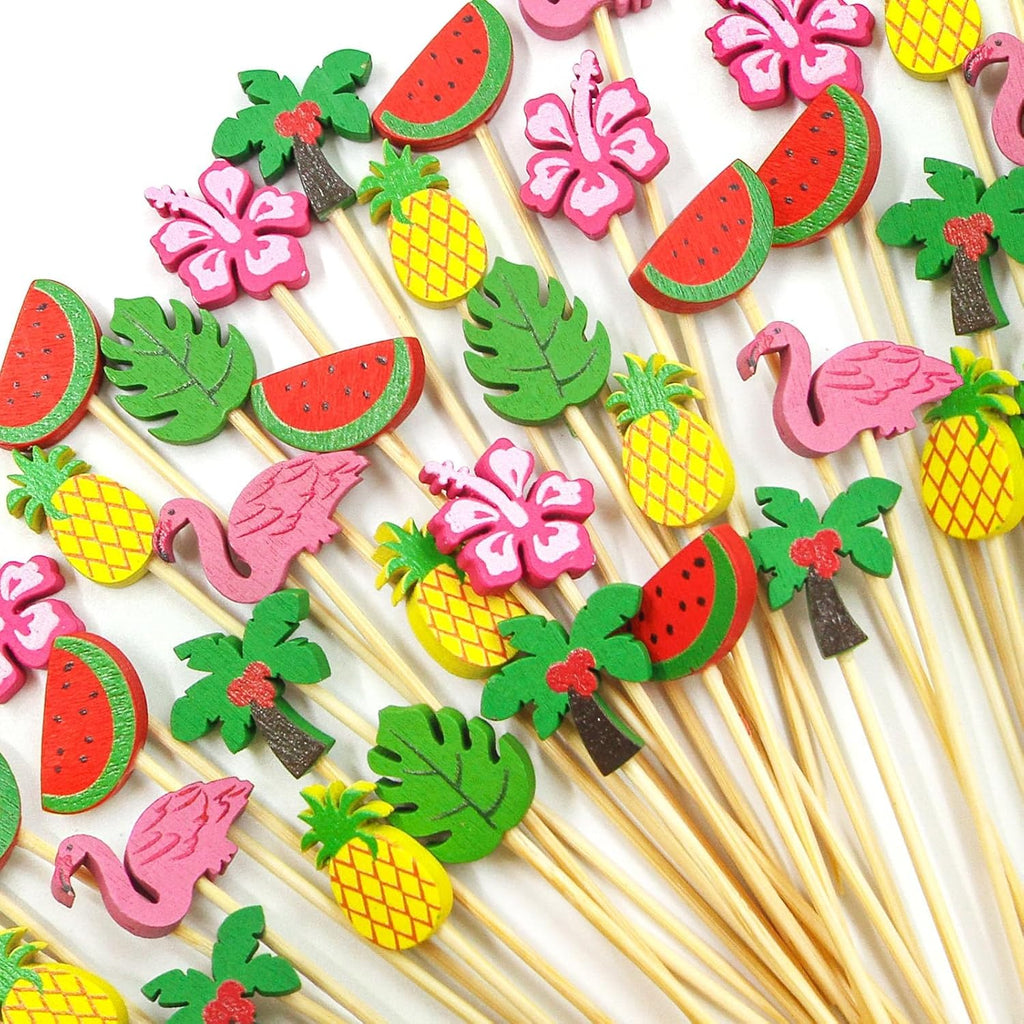 WorldBazaar Summer Cocktail Picks Tropical Party Supplies 120PCS Decorative Toothpicks for Appetizers Food Fruit Sticks Birthday Pool Beach Hawaiian Party Decorations Graduation End Of School