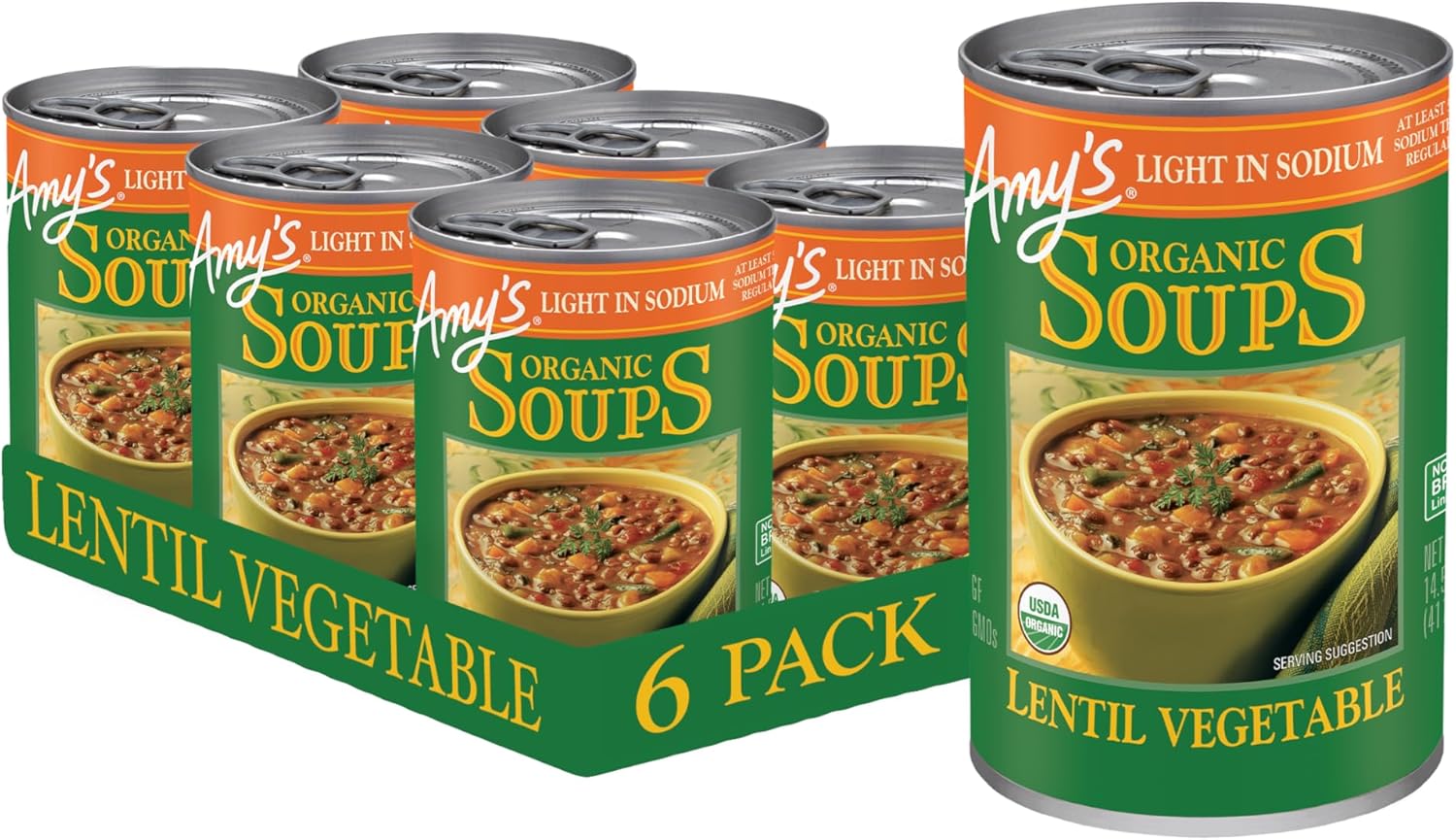 Amy’s Soup, Vegan Light in Sodium Lentil Vegetable Soup, Gluten Free, Made With Organic Vegetables, Canned Soup, 14.5 Oz (6 Pack)