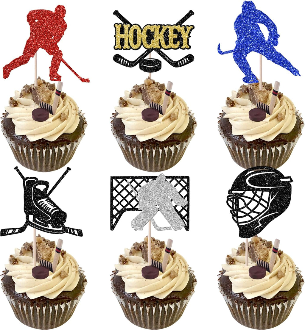 Rsstarxi 24 Pack Hockey Theme Birthday Cupcake Toppers Glitter Ice Hockey Players Cupcake Picks for Ice Hockey Sports Theme Baby Shower Kids Birthday Party Cake Decorations
