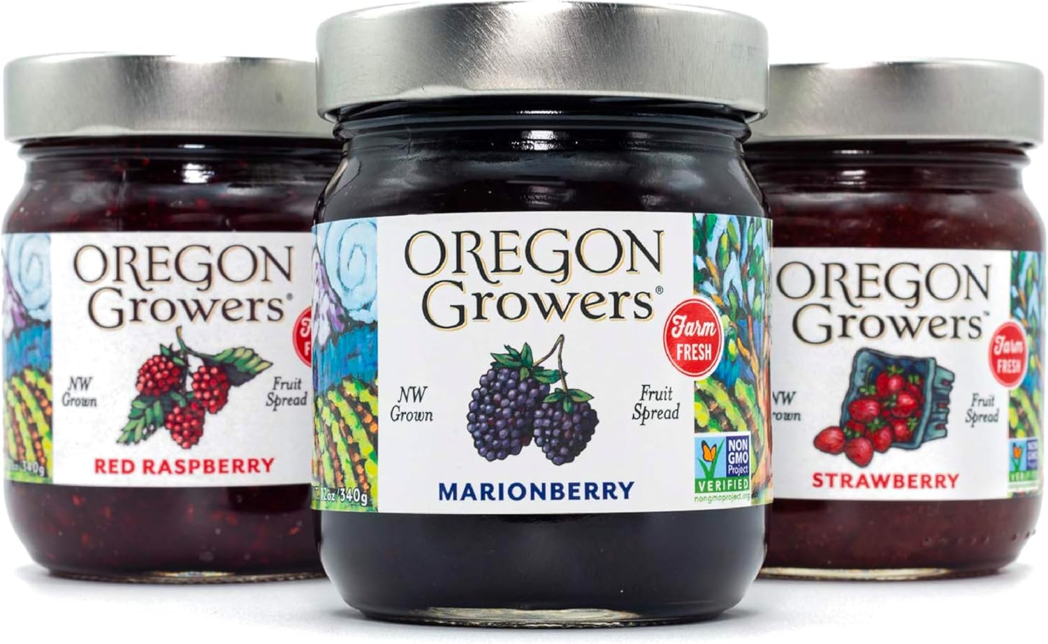 Oregon Growers, Marionberry Jam, Strawberry Jam, & Red Raspberry Jam Variety Pack - Marionberry Preserves, Strawberry Preserves, Red Raspberry Preserves, Organic Jelly - 12 Oz Each (Pack of 3)