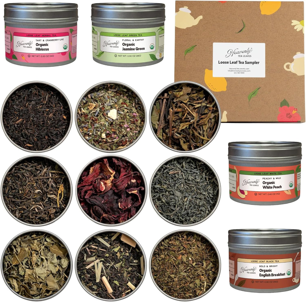 Heavenly Tea Leaves Organic 9 Flavor Variety Pack, Loose Leaf Tea Sampler Gift Set (Approx. 90 Cups) | Assorted Green Black White Herbal Teas, Premium Whole Leaf Collection, Gourmet Box for Tea Lovers | Sampler, Great Iced or Hot, High to No Caffeine