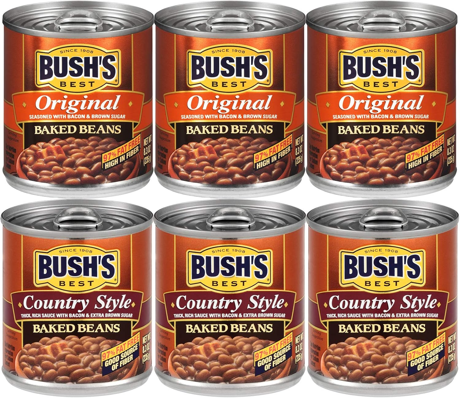 Bush's Best 3 Original Baked Beans, 3 Country Style Baked Beans, 8.3 Oz Variety Pack, 1 CT
