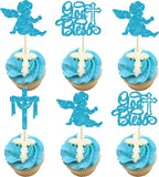 Gyufise 24Pcs God Bless Cross Cupcake Toppers Angel Christening Baby Shower Boy Baptism Cupcake Pick Decorations for First Communion Baptism Party Cake Decorations Blue