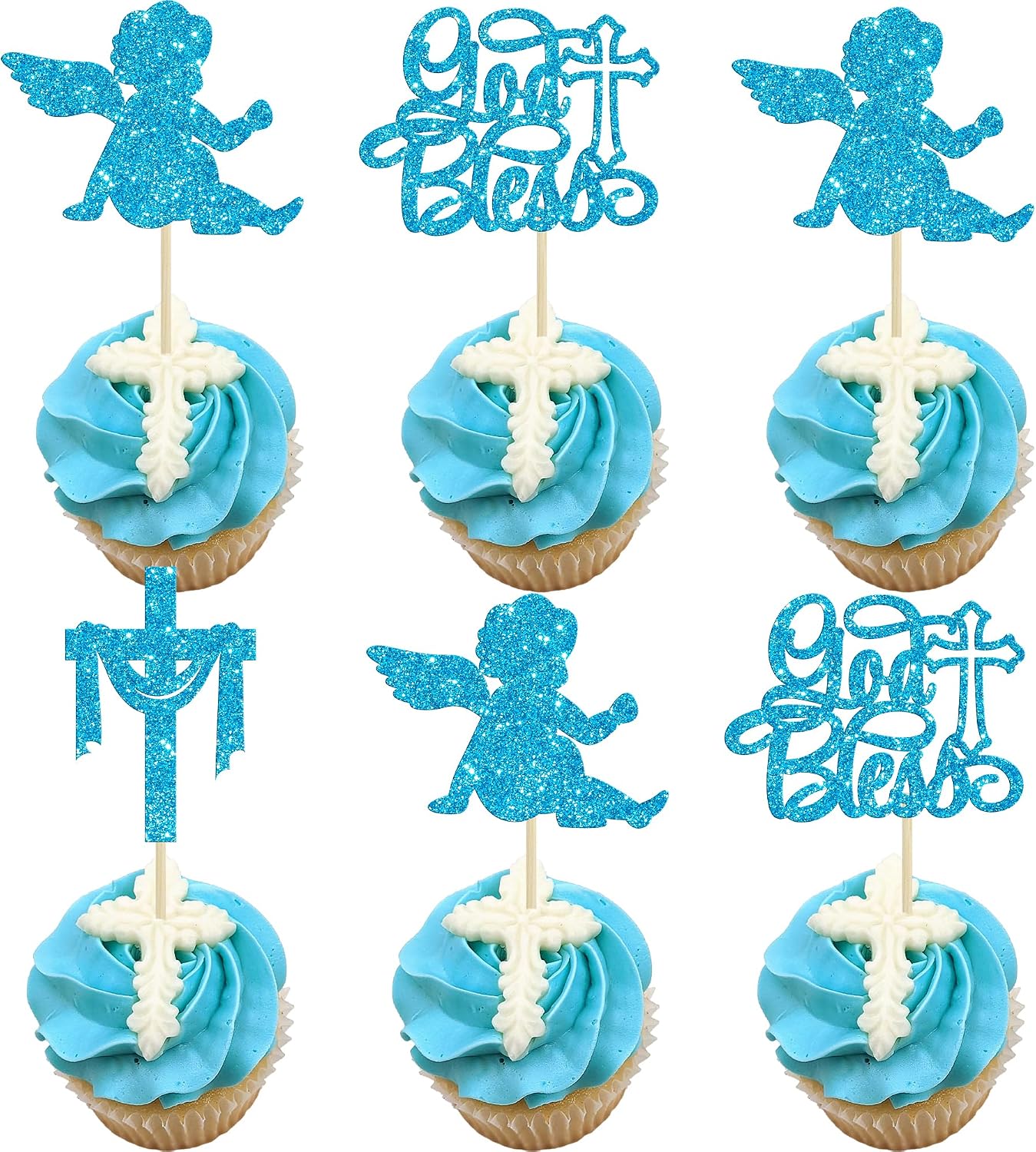 Gyufise 24Pcs God Bless Cross Cupcake Toppers Angel Christening Baby Shower Boy Baptism Cupcake Pick Decorations for First Communion Baptism Party Cake Decorations Blue