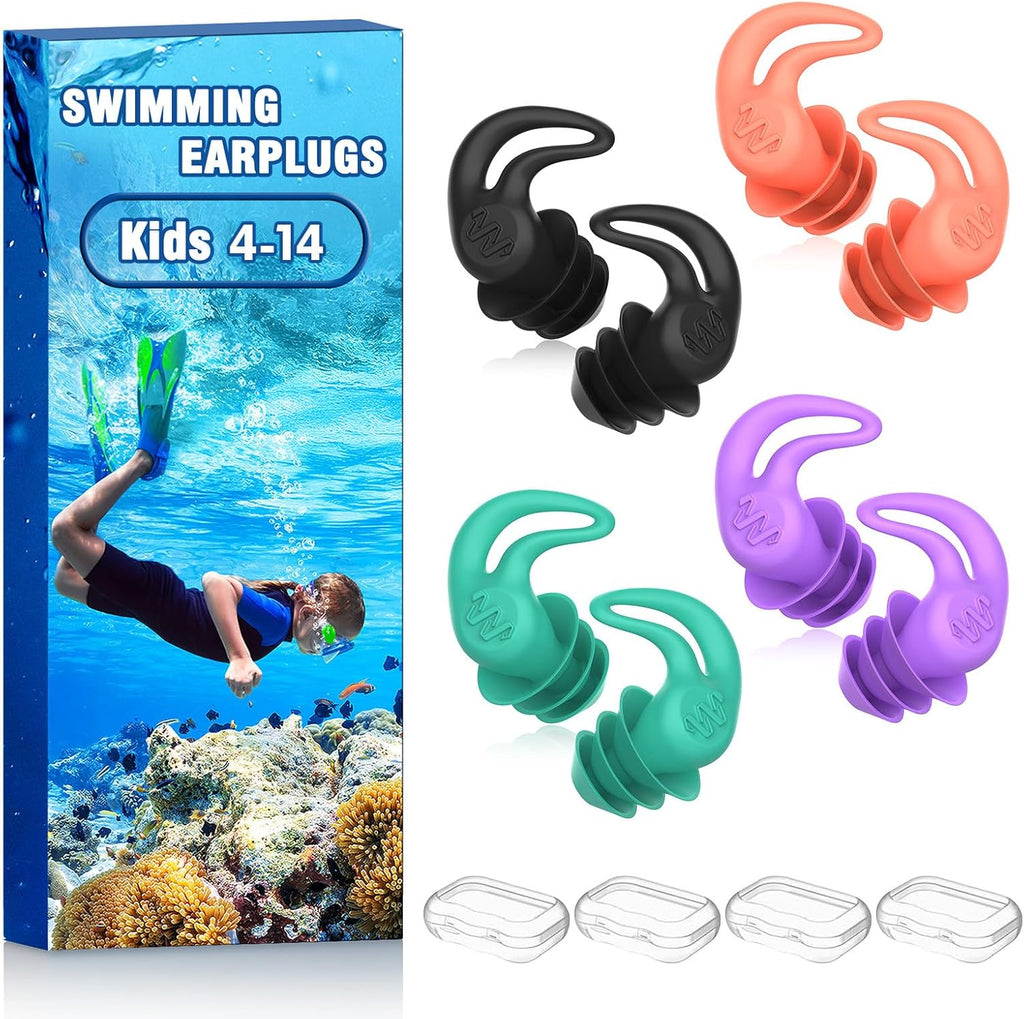 Waterproof Ear Plugs for Swimming Kids - 4 Pairs Reusable Silicone Swimming Ear Plugs for Children Ages 4-14, Keep Ear Water Out, Surfing, Bathing, Water Sports