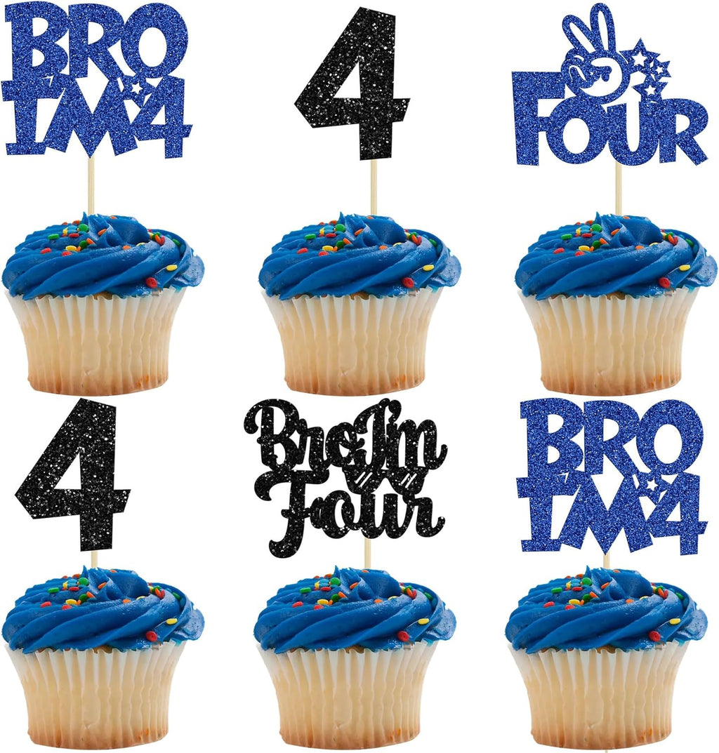Ephlyn 24Pcs Bro I'm 4 Cupcake Toppers Glitter Boy 4th Birthday Cupcake Pick Decorations for Cheers to Four Years Old Big Brother 4th Birthday Party Supplies