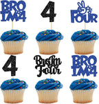 Ephlyn 24Pcs Bro I'm 4 Cupcake Toppers Glitter Boy 4th Birthday Cupcake Pick Decorations for Cheers to Four Years Old Big Brother 4th Birthday Party Supplies