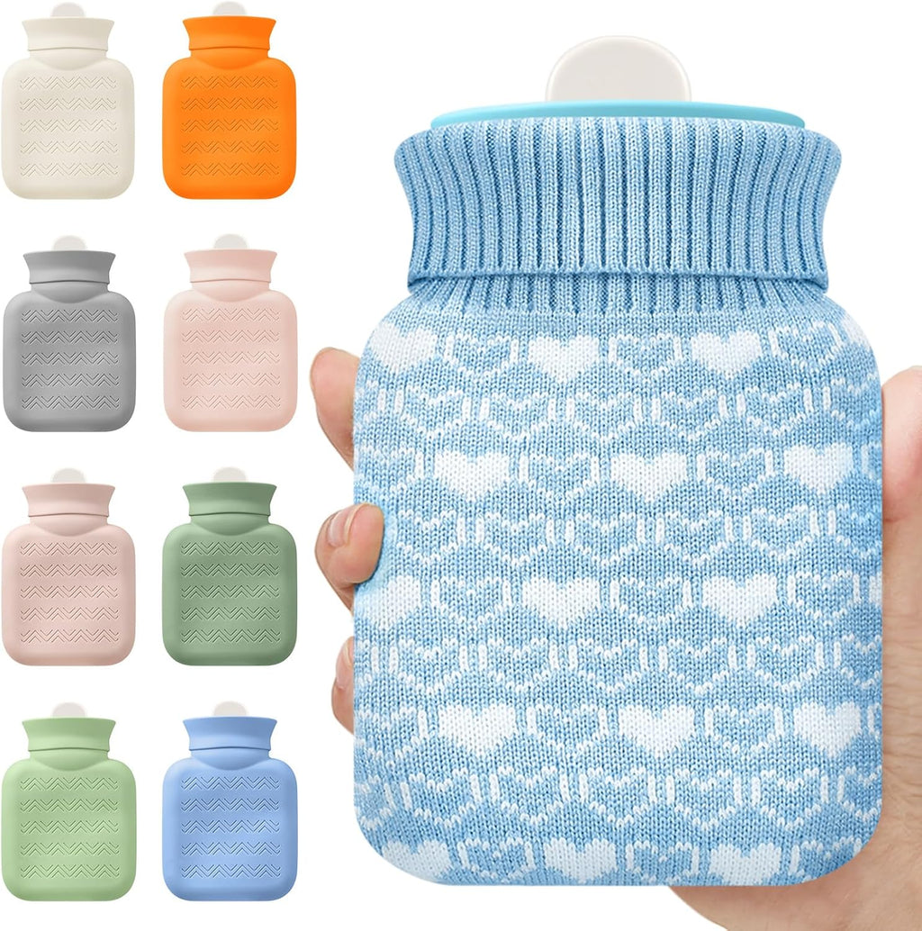Amylove Mini Hot Water Bottle with Knitted Cover 320ml, Mother's Gift Water Bag for Women, Microwave Heating Bottle for Pain Relief Menstrual Cramps Travel(Blue)