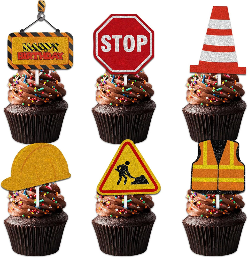 18pcs Gold Glitter Dessert Cupcake Topper Pick for Construction Tool Worker Theme Decor Supplies Men Women Kids Happy Birthday Party Decorations