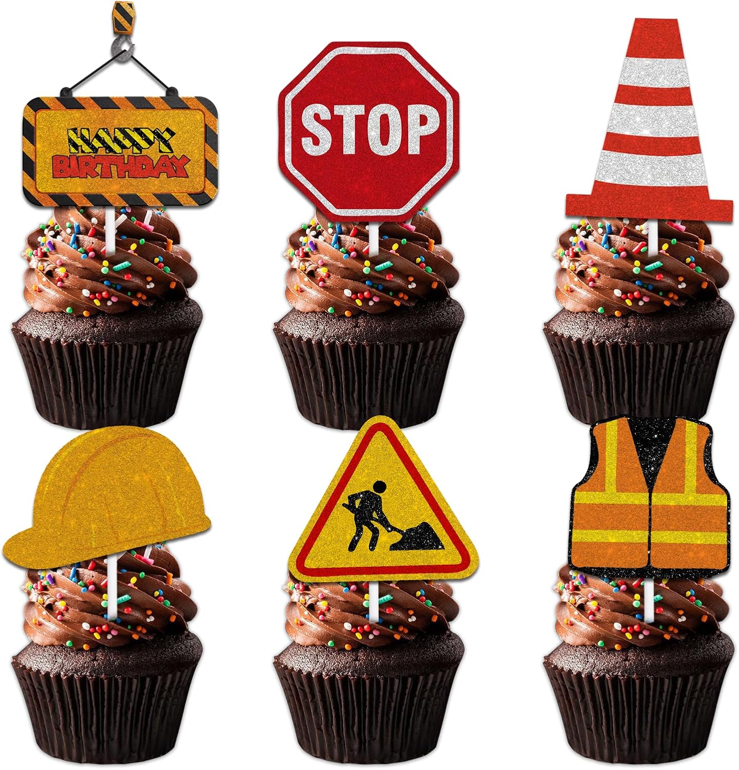 18pcs Gold Glitter Dessert Cupcake Topper Pick for Construction Tool Worker Theme Decor Supplies Men Women Kids Happy Birthday Party Decorations