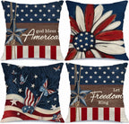 4th of July Pillow Covers 18x18 Set of 4 God Bless America Stars Flower Independence Day Decorations Let Freedom Ring USA Flag Memorial Day Patriotic Throw Cushion Case for Sofa Couch