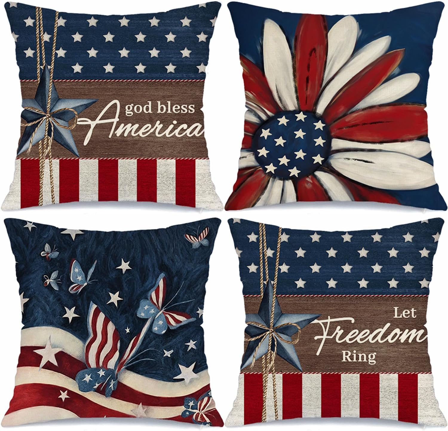 4th of July Pillow Covers 18x18 Set of 4 God Bless America Stars Flower Independence Day Decorations Let Freedom Ring USA Flag Memorial Day Patriotic Throw Cushion Case for Sofa Couch