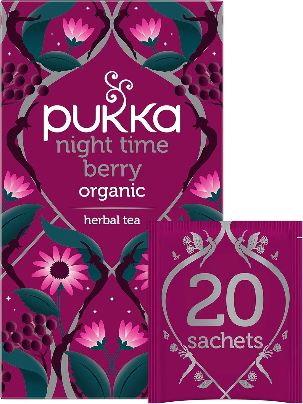 Pukka Organic Night Time Berry Herbal Tea with Chamomile, Echinacea, and Elderberry, Caffeine Free, 20 Total Tea Bags