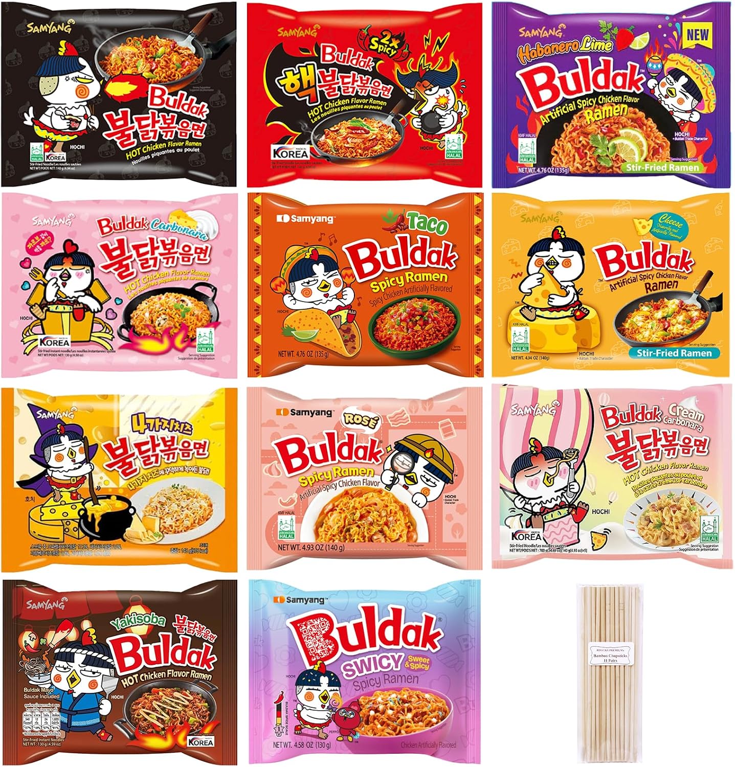 Samyang Spicy Hot Chicken Ramen 11 Flavor Variety Pack - FREE Chopsticks - Korean Buldak Ramen Noodles (11 Pack)