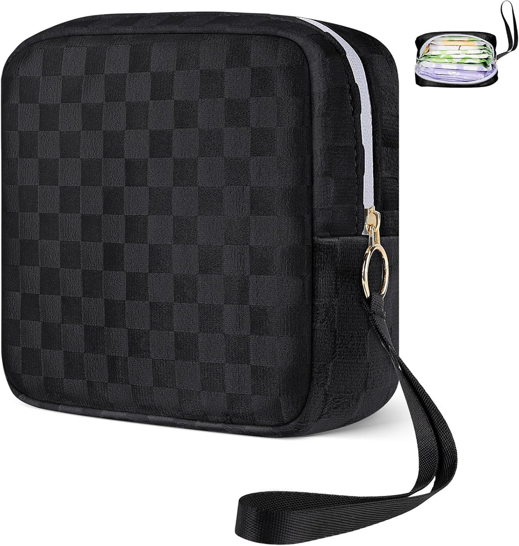 Likesing Tampon Holder for Purse, Upgraded 5.3" Checkered Period Bag, Sanitary Napkin Storage Bag with Wrist Strap for Girls Women, Thickened Portable Period Pad Pouch(Black)