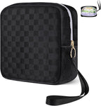 Likesing Tampon Holder for Purse, Upgraded 5.3" Checkered Period Bag, Sanitary Napkin Storage Bag with Wrist Strap for Girls Women, Thickened Portable Period Pad Pouch(Black)