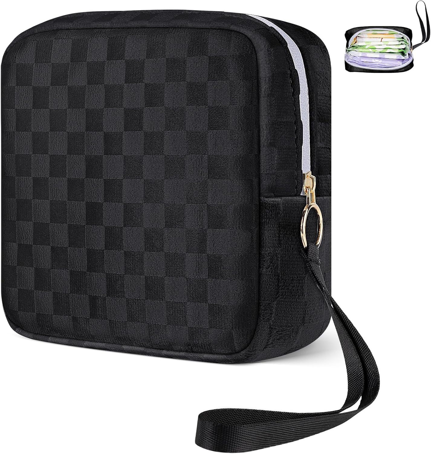 Likesing Tampon Holder for Purse, Upgraded 5.3" Checkered Period Bag, Sanitary Napkin Storage Bag with Wrist Strap for Girls Women, Thickened Portable Period Pad Pouch(Black)