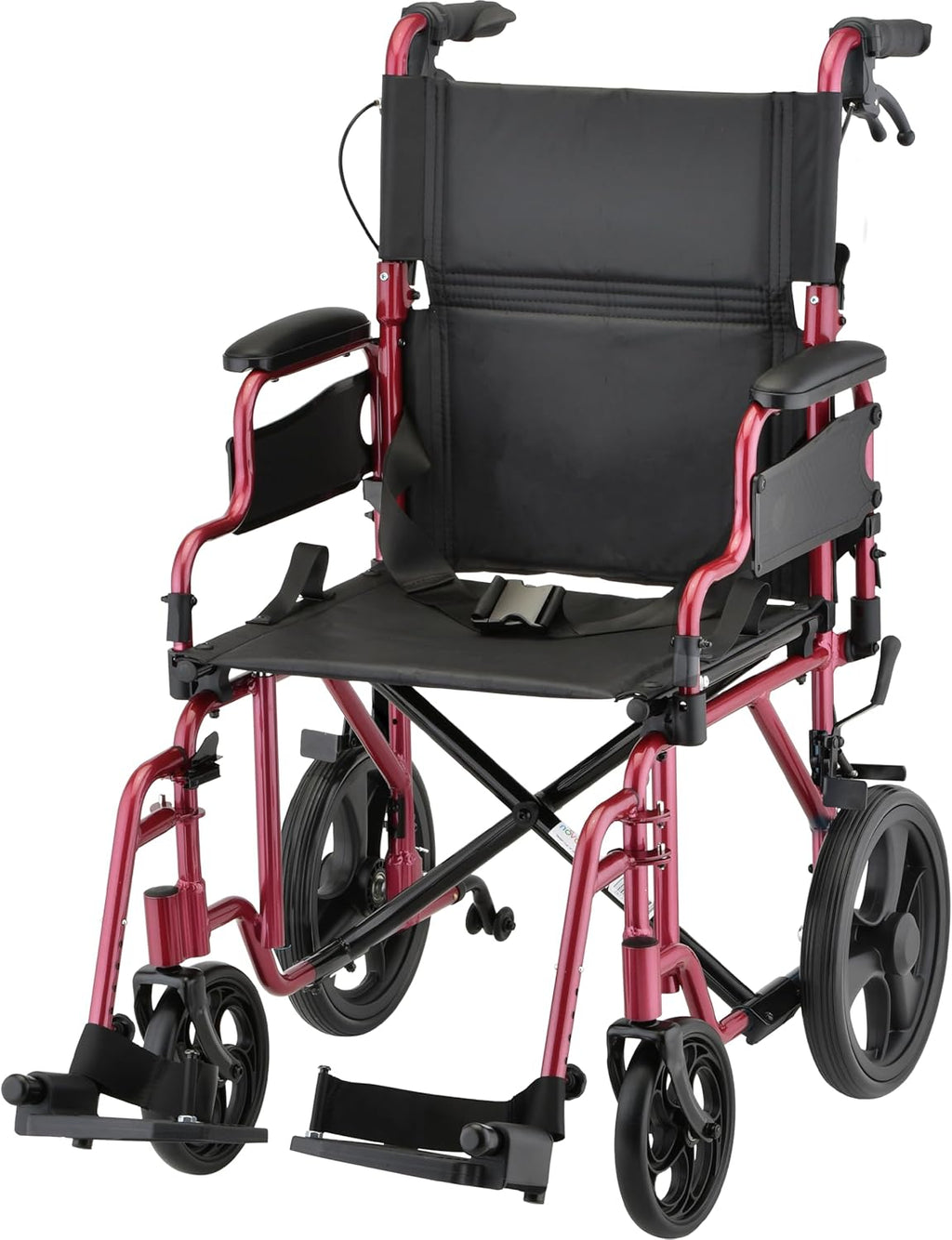 NOVA Lightweight Folding Transport Chair – Aluminum Travel Wheelchair with Flip-Up Desk Arms, One-Grip Locking Handbrakes, 8” Front & 12” Rear All-Terrain Wheels – Supports Adults Up to 300 lbs – Red