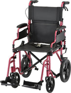 NOVA Lightweight Folding Transport Chair – Aluminum Travel Wheelchair with Flip-Up Desk Arms, One-Grip Locking Handbrakes, 8” Front & 12” Rear All-Terrain Wheels – Supports Adults Up to 300 lbs – Red