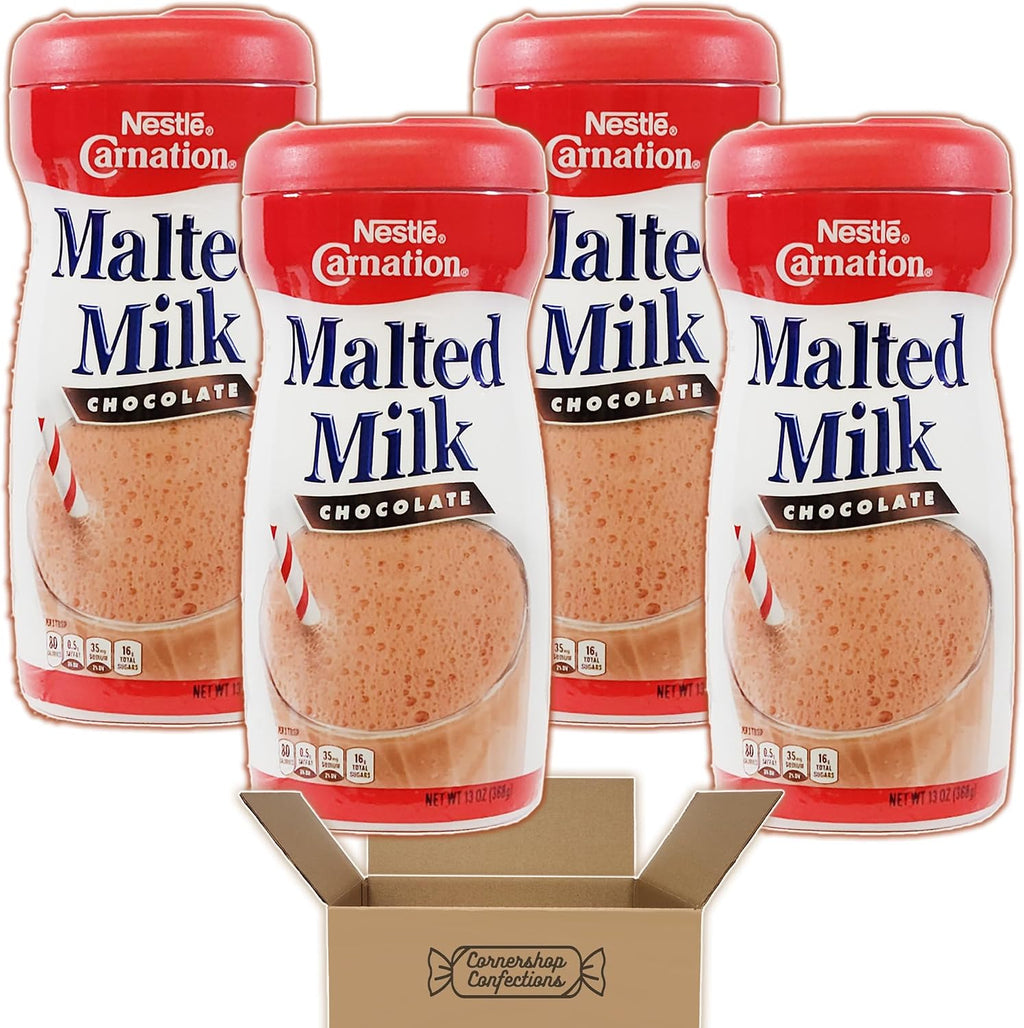 Carnation Malted Milk 4 Canister Bulk Pack - Chocolate Flavored - 52 Ounces Total - Perfect For Making Chilled Chocolate Milk and Milk Shakes - In Cornershop Confections Protective Box