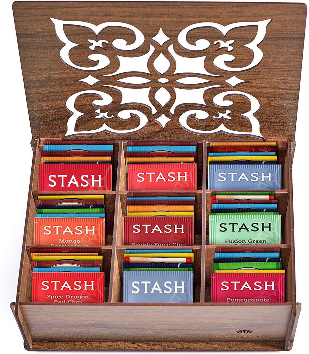 Tea Bags Sampler Gift Box – 80 Count, 28 Flavors – Wooden (MDF) Tea Organizer in Walnut – Variety Pack for Mom, Dad, Friends, Coworkers, Students, Men & Women