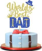 1 Pack Happy Father's Day Cake Topper Glitter World's Best Dad Cake Pick Hat Tool Love Dad Cake Decoration for Happy Father's day Theme Men Birthday Party Supplies Gold